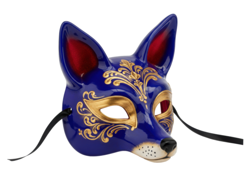 Isolated decorative blue fox mask featuring golden ornamentation, and black ribbon ties