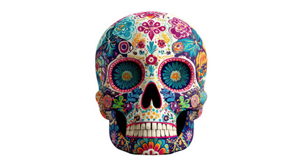 Colorful Día de los Muertos skull decorated with vibrant floral patterns, traditional sugar skull design celebrating Mexican Day of the Dead isolated on white background 