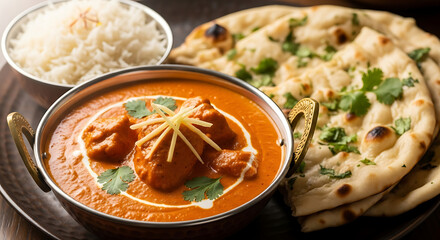 A delectable meal featuring butter chicken, naan bread, and rice served on a metal platter dish