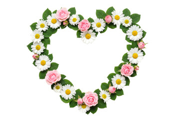 Isolated heart made of pink roses and daisy flowers, love and romance concept design