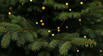 Close up of a real christmas tree with soft glowing warm lights creating a festive and cozy atmosphere perfect for holiday celebrations and winter scenes
