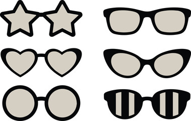 Stylish eyeglasses vector set, star frames, heart glasses, cat-eye, circular, striped lens, trendy fashion accessories, colorful sunglasses illustration, white background