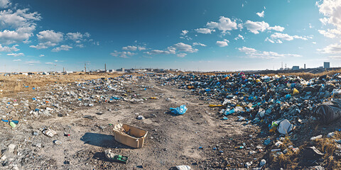Dump Site with Piles of Garbage, Urban Dump Site, Piles of Trash in Wasteland, Waste Disposal in the City, Garbage in an Open Field, Landfill Site in the City, Industrial Waste Dump, Littered Urban La