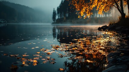 A tranquil lake scene with autumn leaves floating on the water surface and trees in the background