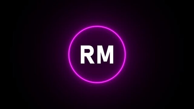 RM abbreviation inside a glowing blue neon circle on a dark background symbol icon