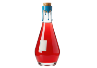 Isolated red liquid in bottle with cork stopper and blue seal, potion, elixir, or poison