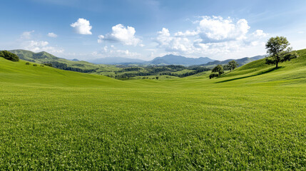 Fototapeta premium Lush green hills under bright blue sky create peaceful landscape with vast lands