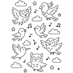 Cute cartoon birds and owls flying in the sky with musical notes.