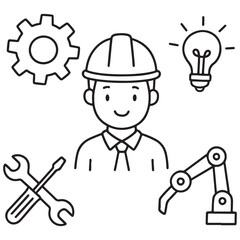 Doodle illustration of a male engineer with technology icons.
