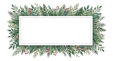 A festive watercolor frame of lush green foliage and small red berries surrounds a blank white rectangle perfect for holiday greetings or natural invitations