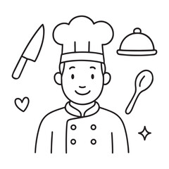 Chef in uniform with cooking tools smiling and ready to prepare food.