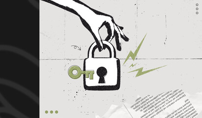 Trendy Halftone Stipple effect Hand holding padlock. Data is protected. Cyber security network. Confidentiality of personal information. Innovation technology. Retro vintage vector illustration art