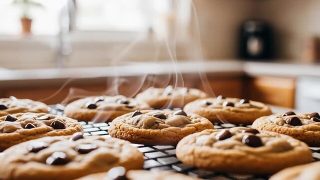 Freshly Baked Chocolate Chip Cookies Cooling on a Wire Rack in a Warm Kitchen.