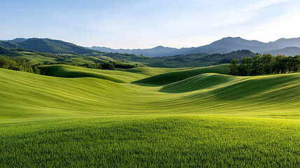 Fototapeta premium Gentle rolling hills with vibrant green grass under morning light create serene landscape