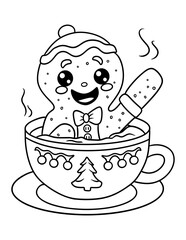 Sweet Christmas Party Gingerbread Cookie Relaxing in a Cup of Hot Tea – Vector Coloring Page for Kids and Adults 