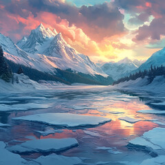 Frozen Winter Landscape, Winter Landscape with Ice Sheets, Frozen River in the Mountains, Snowy Peaks and Ice, Winter Wonderland Reflections, Ice Formations in Winter, Frozen River in Snowy Landscape,
