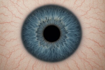 Extreme close-up of a human blue iris and pupil, showing detailed eye texture, veins, and color patterns. Concept of vision, ophthalmology, genetics, and medical science.