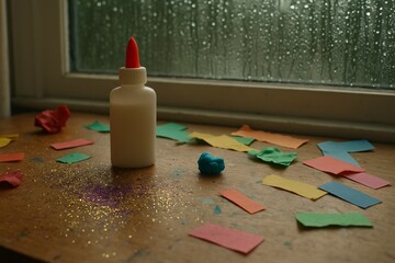 Bottle of white glue on a wooden table surrounded by colorful paper scraps, glitter, and clay near a window on a rainy day. 
