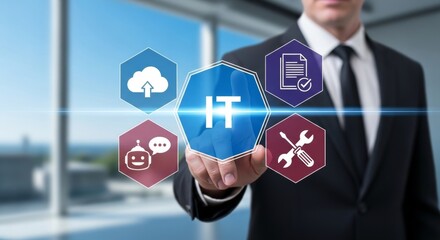 Businessman engaging with it interface hologram in office setting