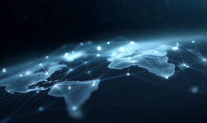 Global Digital Network Visualization with Illuminated Connection Points and Lines on a Dark Background Representing Worldwide Data Communication. generative ai
