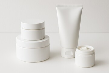 Minimalistic mockup of cosmetic containers — cream jars and tube on white background. Concept for skincare, beauty product branding, and packaging design.
