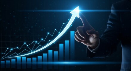 Businessman touching growing graph with upward arrow on digital screen
