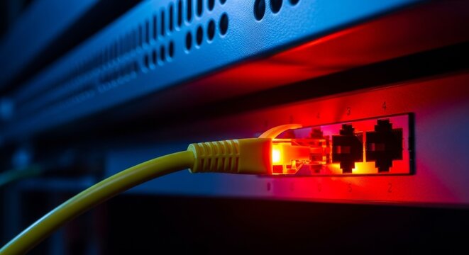 Yellow ethernet cable connected to network switch with led indicator lights