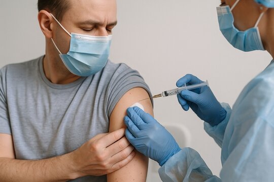 Healthcare professional administering a vaccine injection to a man wearing a protective mask. Concept of immunization, medical safety, virus prevention, and modern healthcare practices. - Powered by Adobe