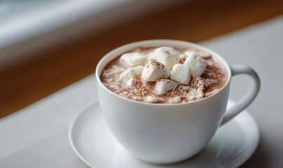A Cozy Mug of Rich Hot Cocoa Topped with Fluffy Marshmallows and a Dusting of Cocoa Powder on a Wooden Surface. generative ai