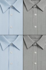 Close-up composition of classic men’s striped dress shirts in light blue and gray colors, showing button details and collars. The image highlights formal clothing textures and textile patterns.