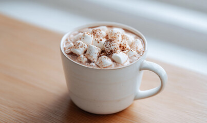 A Cozy Mug of Rich Hot Cocoa Topped with Fluffy Marshmallows and a Dusting of Cocoa Powder on a Wooden Surface. generative ai