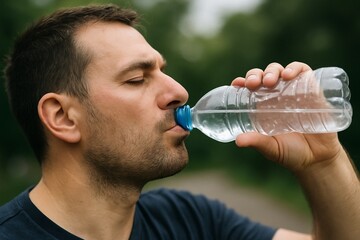 Man drinking water from a plastic bottle outdoors on a summer day. Concept of hydration, healthy lifestyle, thirst, and refreshment during workout or walk in nature.