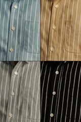 Close-up collage of men’s striped shirts in blue, beige, gray, and black colors. High-detail view of fabric texture, buttons, and pockets — ideal for textile, apparel, and fashion design projects.
