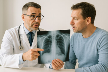 Medical consultation with a doctor showing a chest X-ray to a patient. Concept of healthcare, diagnosis, medical examination, and professional communication in a hospital environment.