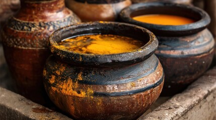 Fototapeta premium Rustic pottery jars with liquid contents