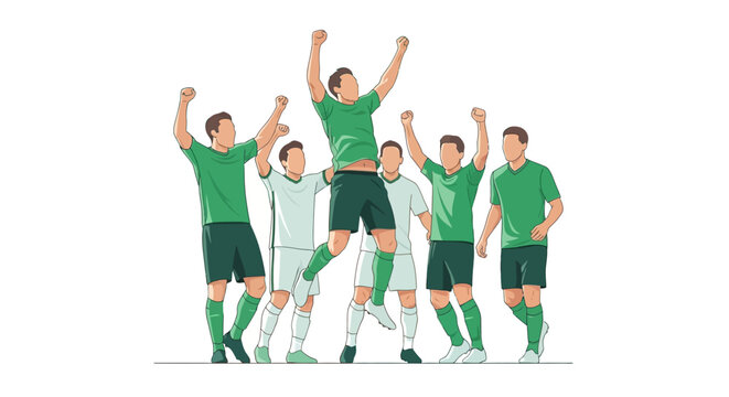 Dynamic soccer team celebrates victory with enthusiastic cheers, perfect for sports marketing, team spirit, and motivational campaigns, full of energy