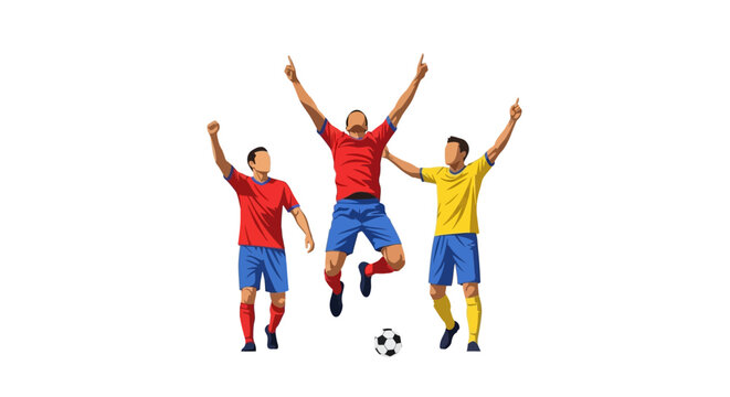 Dynamic soccer players celebrating victory in bright jerseys with arms raised after scoring the winning goal during intense championship game