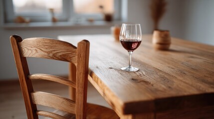 Cozy rustic dining setting with single empty wooden chair and glass of wine evoking serenity and solitude