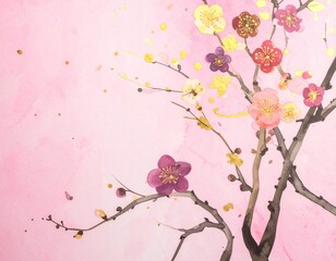 ピンクの和紙の背景に筆で描いた梅の花と枝のイラスト