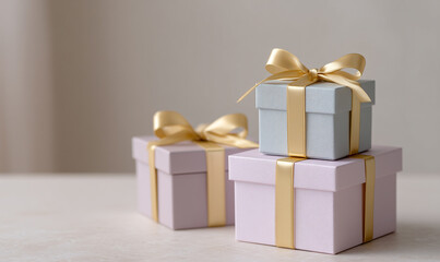 Elegant Gift Boxes Wrapped with Gold Ribbons Arranged Neatly on a Clean Background Evoking Celebration and Thoughtfulness. generative ai
