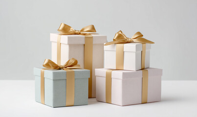 Elegant Gift Boxes Wrapped with Gold Ribbons Arranged Neatly on a Clean Background Evoking Celebration and Thoughtfulness. generative ai