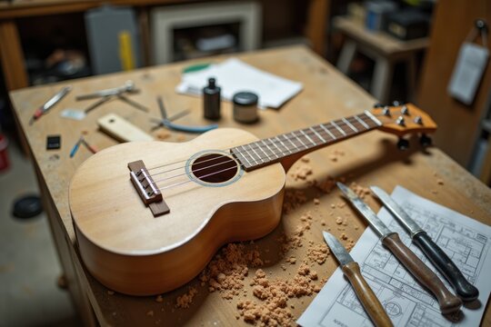 An unfinished ukulele body sits on a wooden workbench, surrounded by tools. Sawdust covers the floor of the messy workshop, with blueprints scattered around