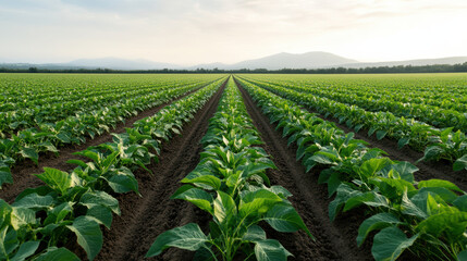 Fototapeta premium Rows of crops stretch across tranquil landscape, showcasing lush green plants soft morning light