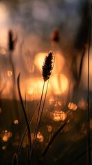 Silhouetted weeds against a bright, blurred sunset creates a warm, glowing scene
