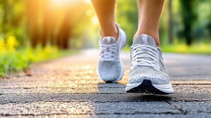 Running shoes on path with sunlight creating warm atmosphere, showcasing energy and movement