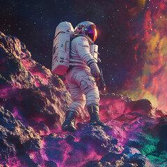 Astronaut on Alien Terrain, Astronaut on Alien Planet, Space Explorer in Outer Space, Walking on Otherworldly Terrain, Astronaut Exploring Alien World, Space Traveler on Uncharted Planet, Astronaut in