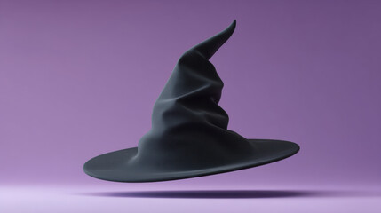 Fototapeta premium Witch Hat, A simple illustration graphic of a pointy witch hat on a purple background. Black shape. Minimalistic design, suitable for a T-shirt print.