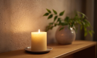 A Cozy Pillar Candle Casting a Warm Glow on a Wooden Shelf with Soft Focus Greenery in the Background Evoking Relaxing Ambiance. generative ai