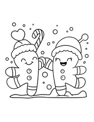 Sweet Christmas Party Gingerbread Cookies Dancing and Celebrating Christmas Together – Vector Coloring Page for Kids and Adults 