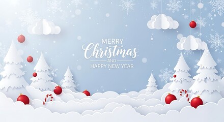 Whimsical paper cut winter wonderland scene with fluffy snow covered pine trees adorned with red baubles and festive merry christmas greeting in elegant calligraphy